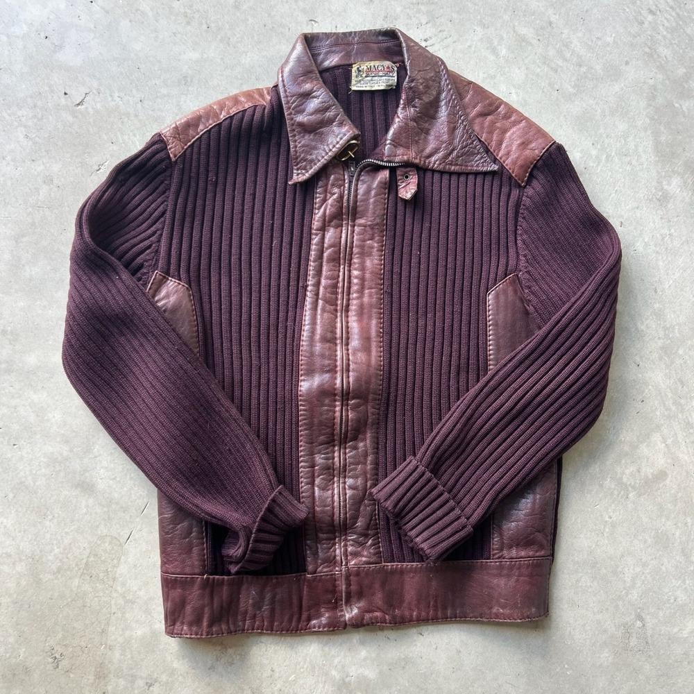 Vintage Macys Supre-Macy Italy Wool Suede Leather Knit Full Zip Jacket Burgundy